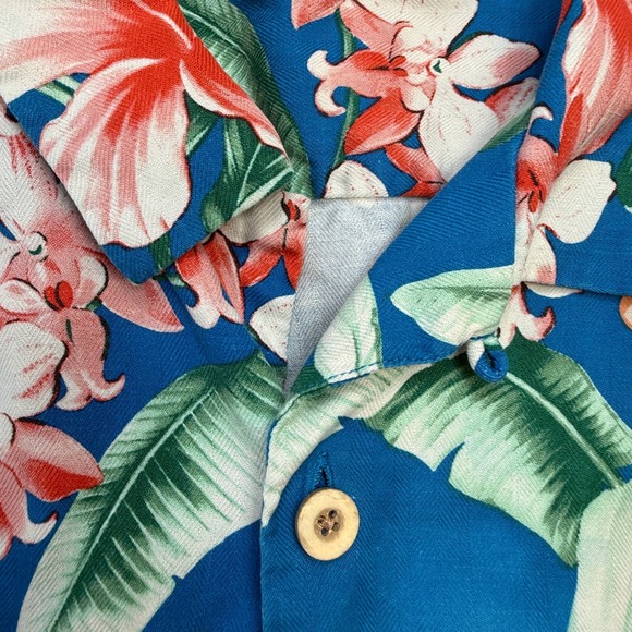 Tommy Bahama Shirt Mens Large Bright Blue Floral Hawaiian Aloha Loop Collar Silk - Picture 7 of 11